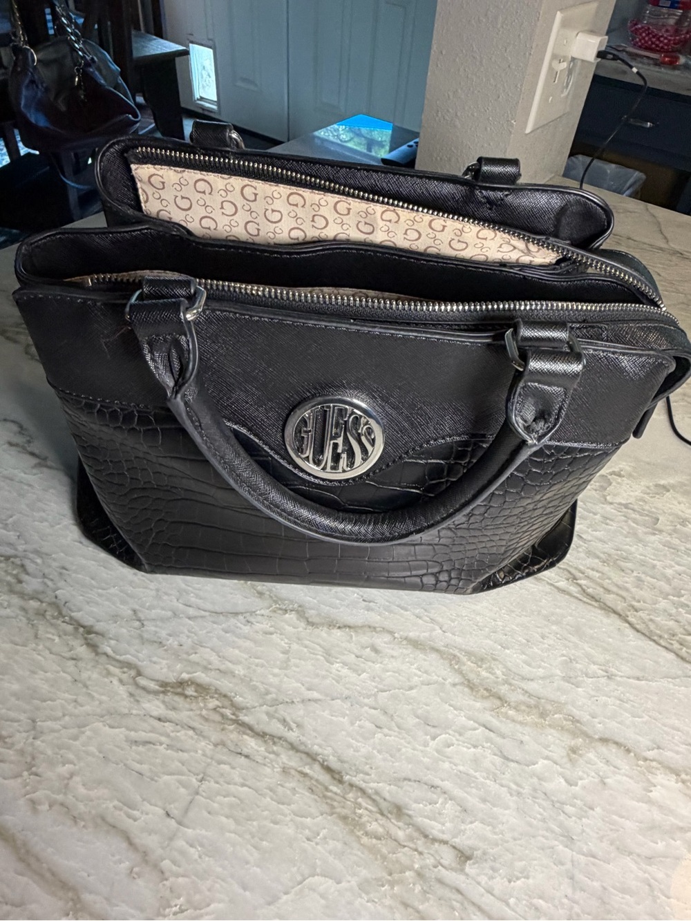 GUESS Black Faux Croc Satchel with Silver Logo